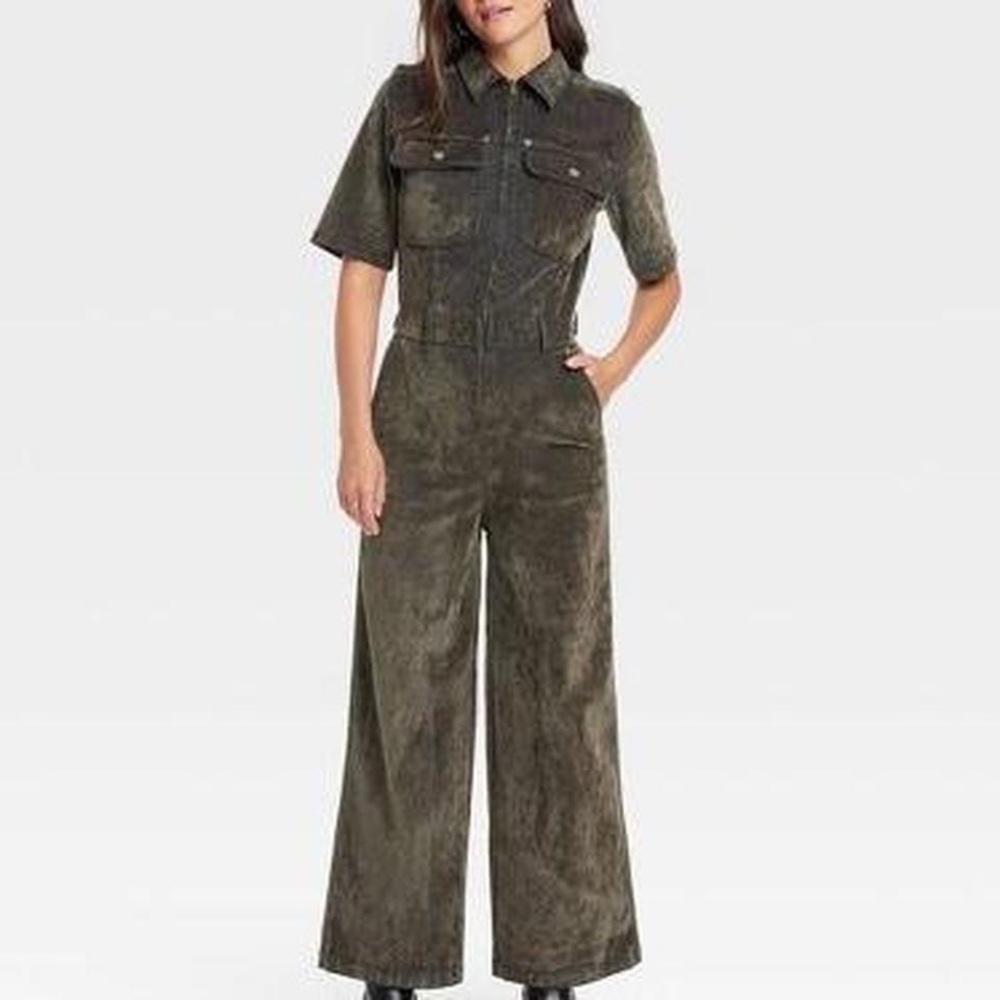 Denim flocked jumpsuit long sleeves & zip up front & pockets grunge Streetwear